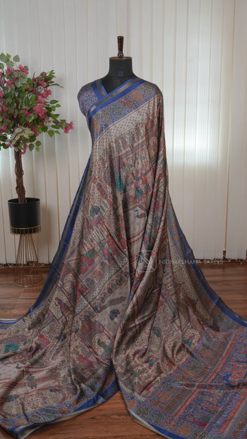 Tussar Silk Saree With Printed Concept And Ribbon Style Zari Border
