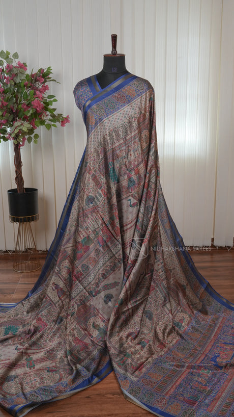 Tussar Silk Saree With Printed Concept And Ribbon Style Zari Border