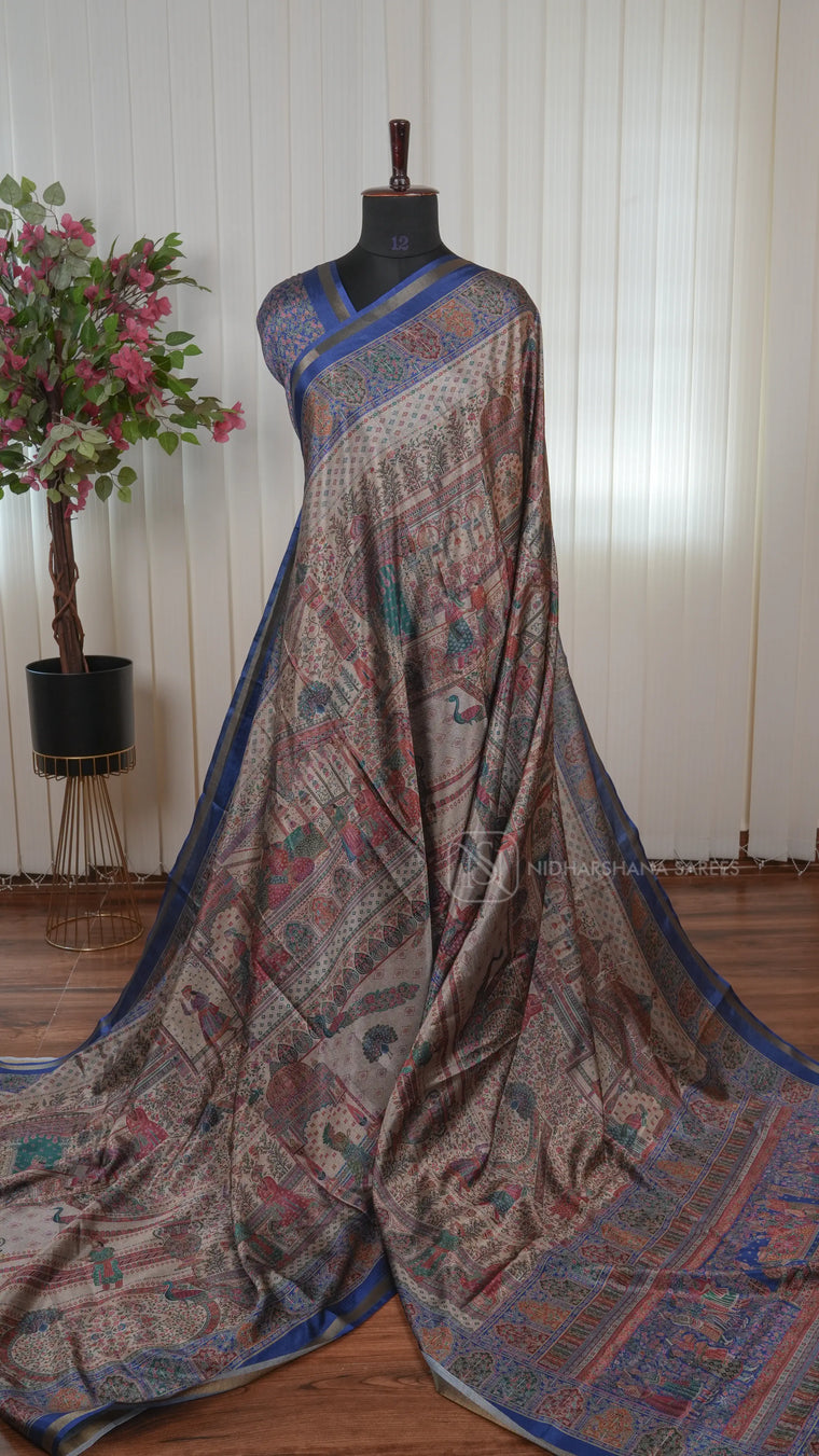 Tussar Silk Saree With Printed Concept And Ribbon Style Zari Border