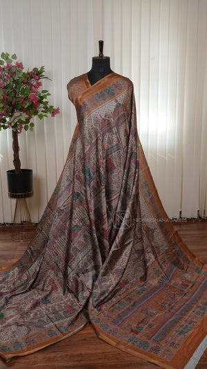 Tussar Silk Saree With Printed Concept And Ribbon Style Zari Border