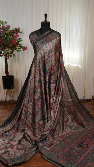 Tussar Silk Saree With Printed Concept And Ribbon Style Zari Border