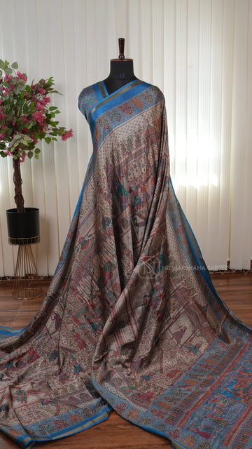 Tussar Silk Saree With Printed Concept And Ribbon Style Zari Border