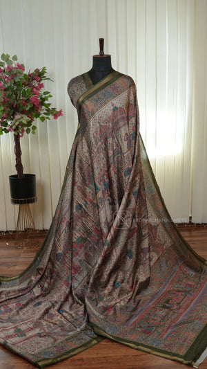Tussar Silk Saree With Printed Concept And Ribbon Style Zari Border