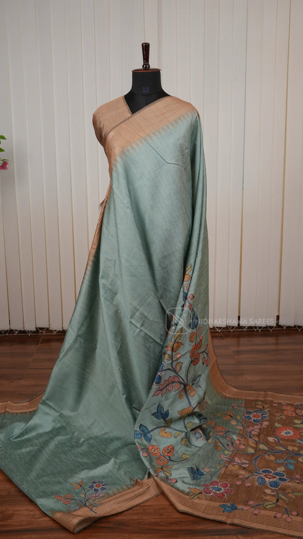 Semi Tussar Silk Saree With Elegant Appliqué Work Motifs And Rich Traditional Appeal