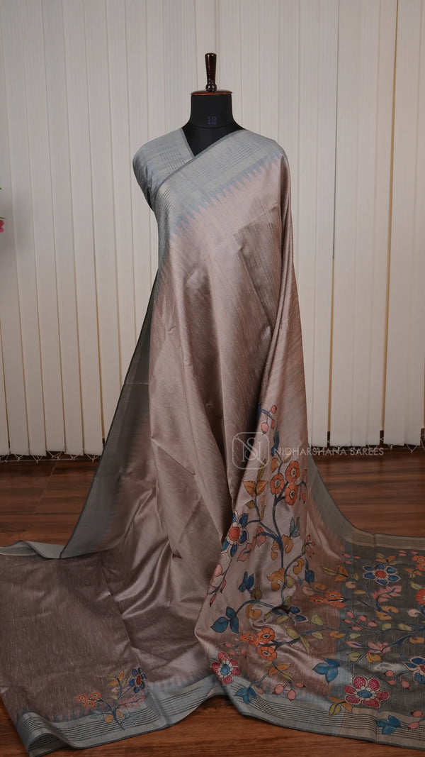 Semi Tussar Silk Saree With Elegant Appliqué Work Motifs And Rich Traditional Appeal