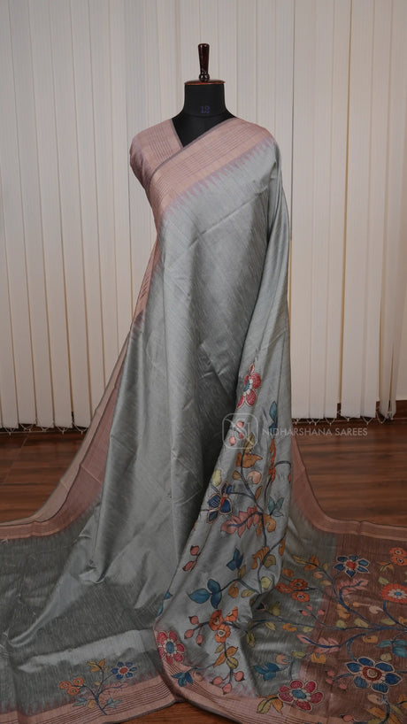 Semi Tussar Silk Saree With Elegant Appliqué Work Motifs And Rich Traditional Appeal