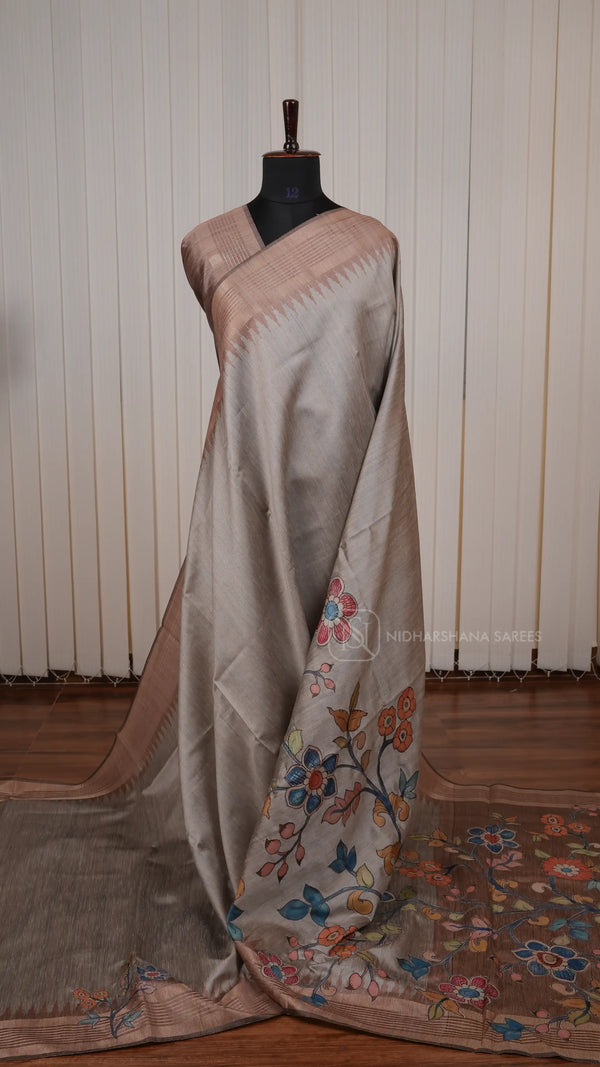 Semi Tussar Silk Saree With Elegant Appliqué Work Motifs And Rich Traditional Appeal