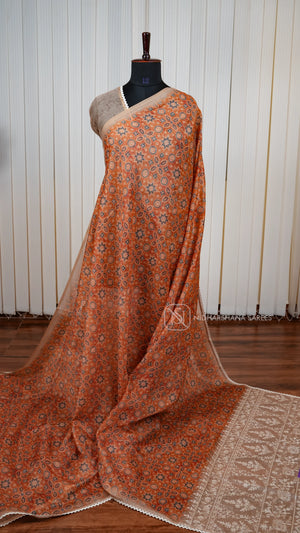 Semi Chanderi Saree With Ajarak Printed Concept And Lace Work Border