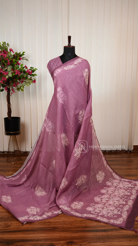 Linen Cotton Saree With Floral Embroidery Butta And Turning Embroidery Border