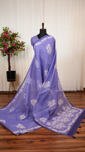 Linen Cotton Saree With Floral Embroidery Butta And Turning Embroidery Border