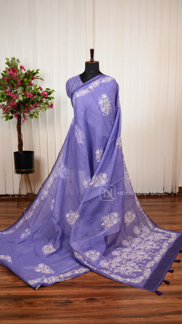 Linen Cotton Saree With Floral Embroidery Butta And Turning Embroidery Border