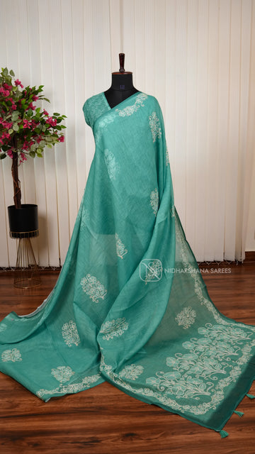 Linen Cotton Saree With Floral Embroidery Butta And Turning Embroidery Border