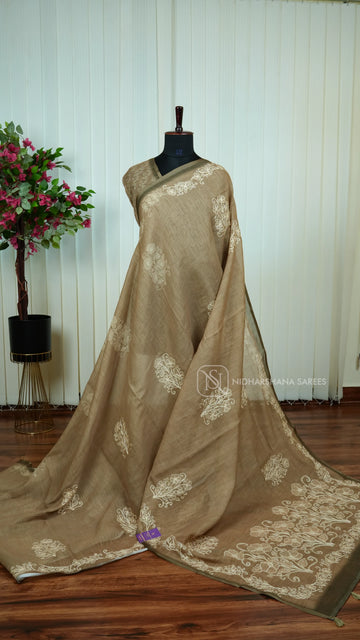 Linen Cotton Saree With Floral Embroidery Butta And Turning Embroidery Border