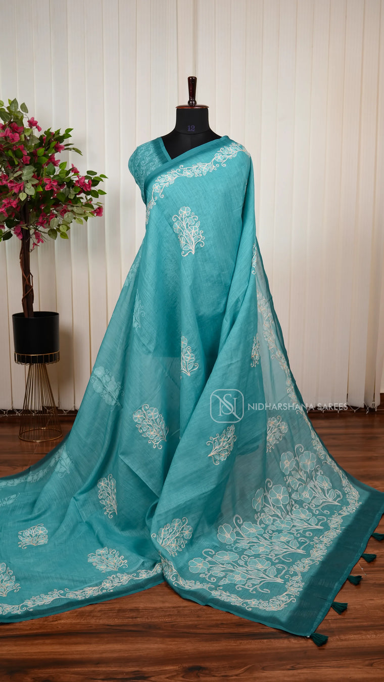 Linen Cotton Saree With Floral Embroidery Butta And Turning Embroidery Border