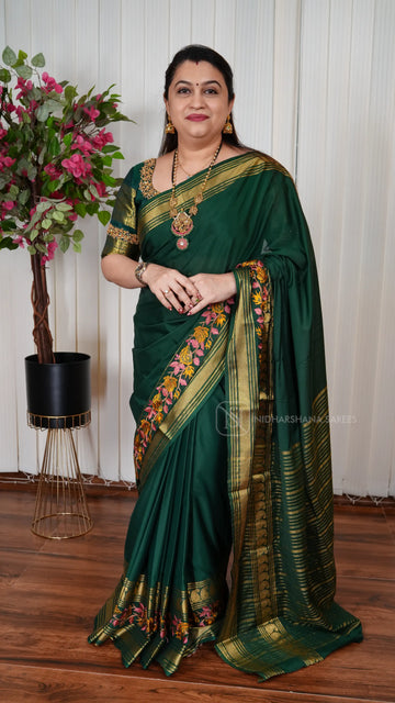 Semi Mysore Crepe Silk Saree With Embroidery And Zari Concept Border