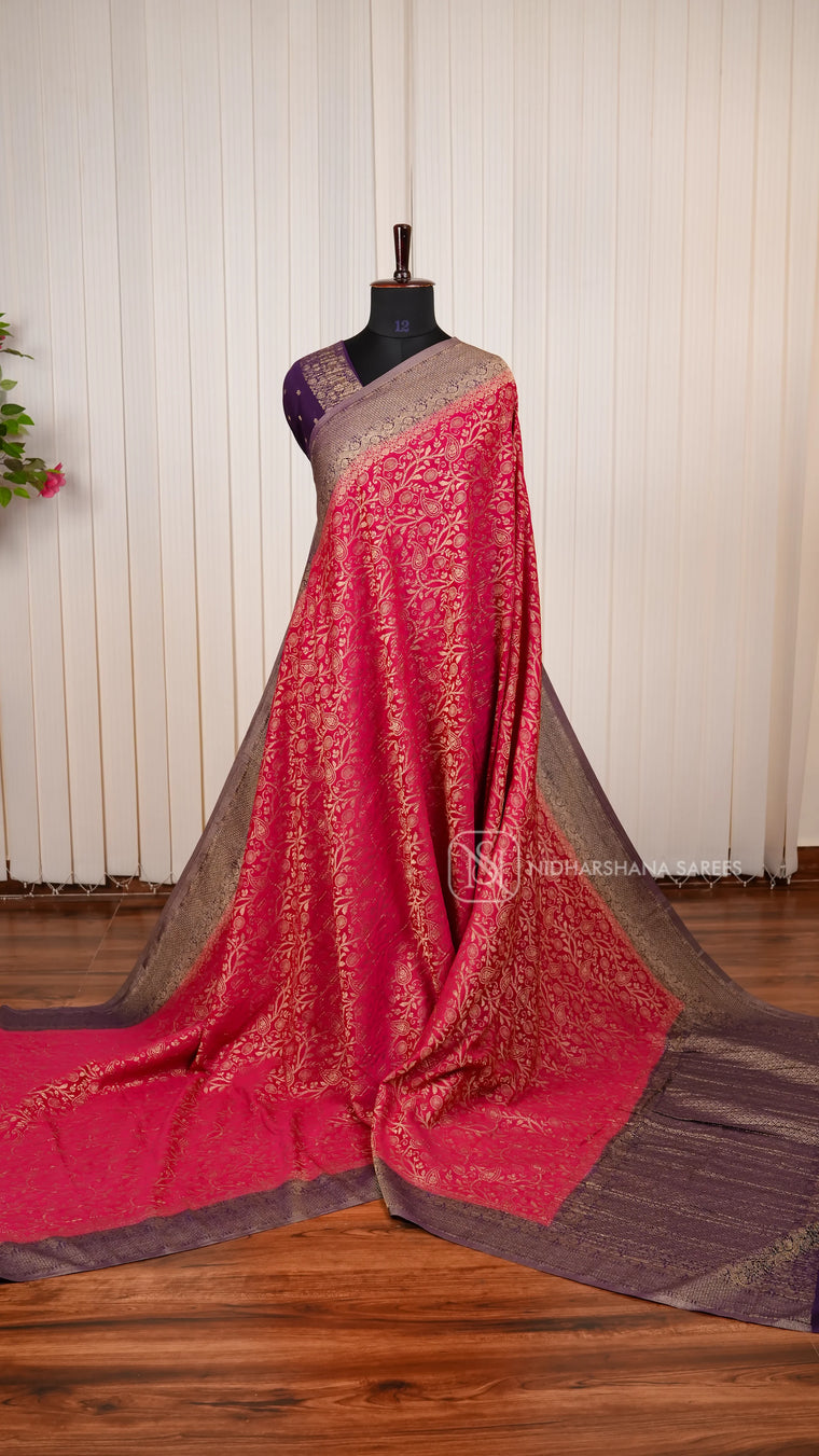 Crepe Georgette Saree With All-Over Floral Design And Elegant Zari Border Concept