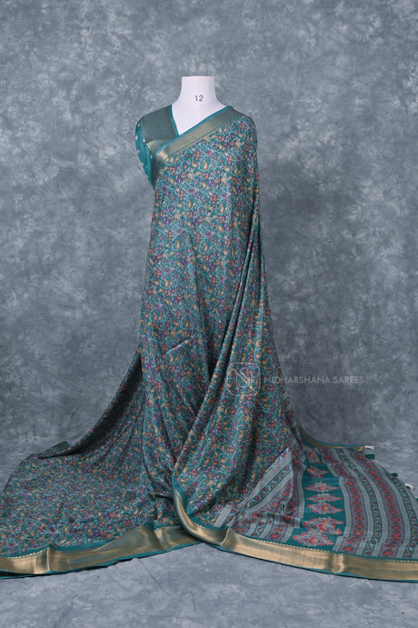 Semi Dola Saree With Floral Digital Print And Zari Border