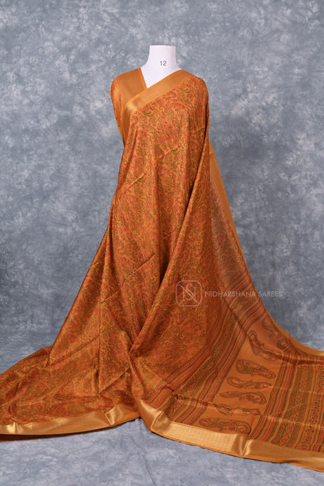 Semi Dola Saree With All-Over Mango Motif Floral Print And Zari Border