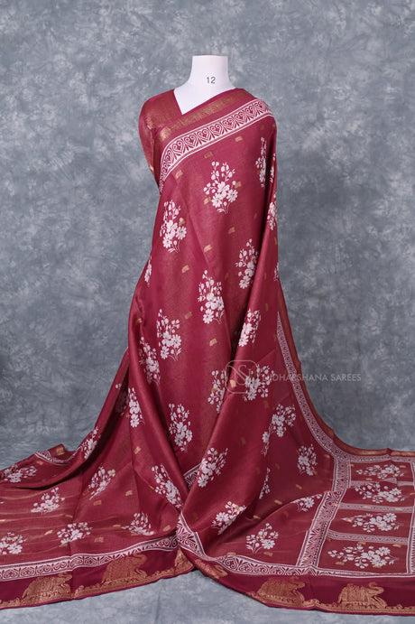 Semi Dola Saree With All-Over Floral Motifs And Traditional Animal Motif Zari Border