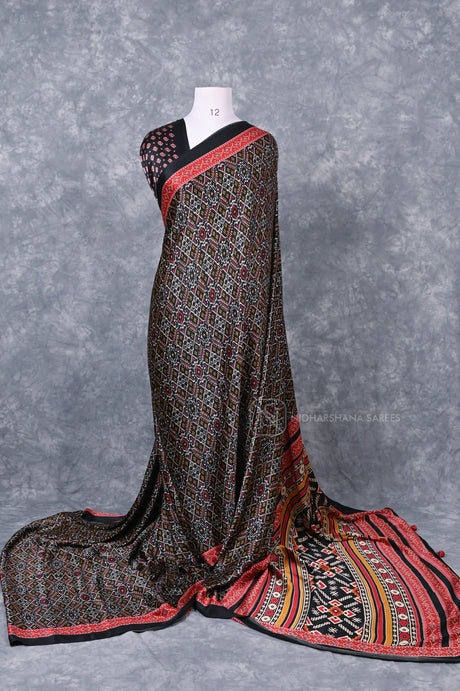 Semi Satin Saree With All-Over Geometrical Pattern