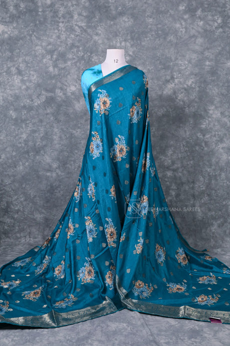 Semi Dola Saree With Floral Digital Print And Zari Butta