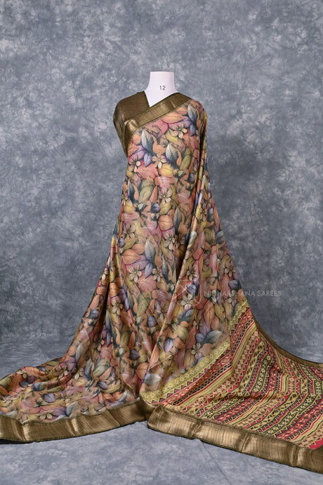 Semi Dola With Zari Lines And Floral Digital Print