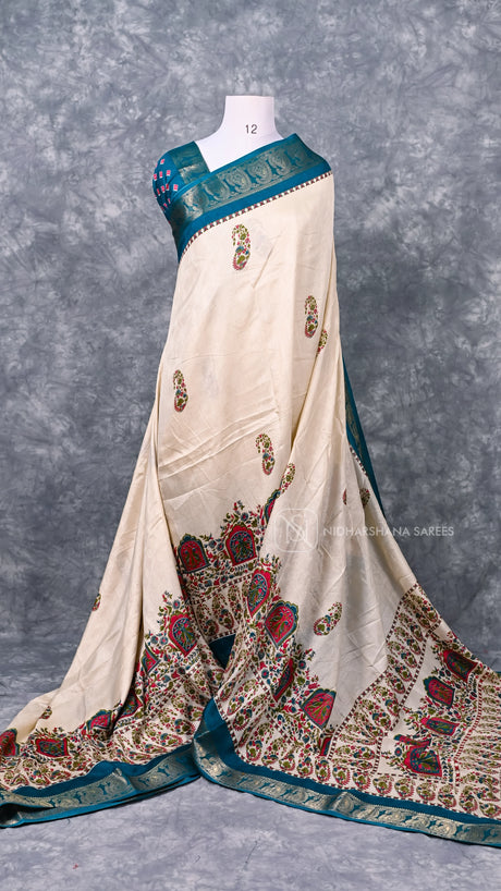 Semi Dola Saree With Floral Mango Motif Butta And Zari Border