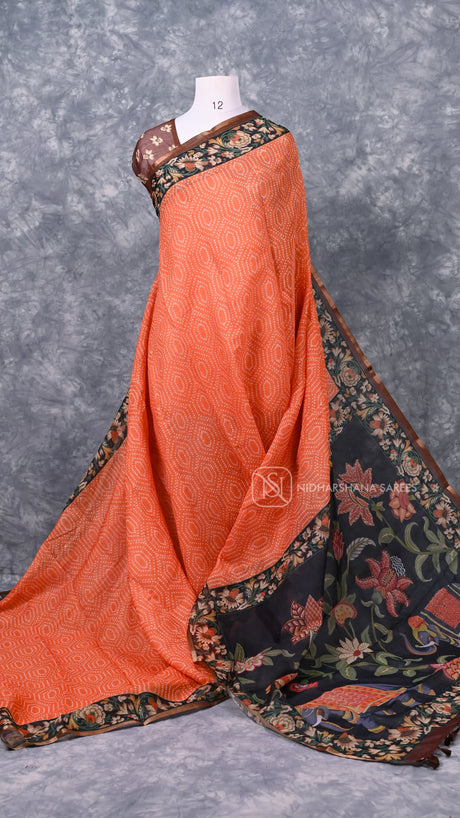 Linen Coton Saree With Bandhini Print And Floral Printed Border