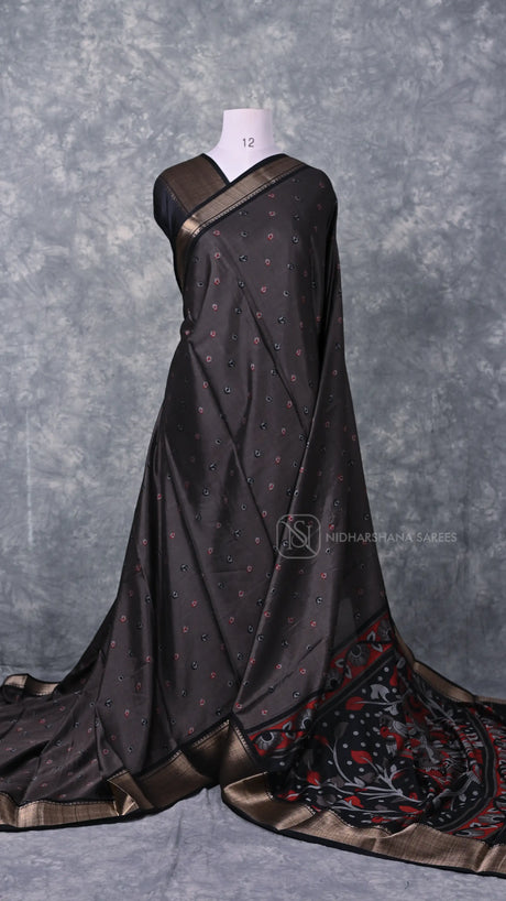 Semi Dola Silk Saree with Elegant Bandhani Print and Rich Zari Border