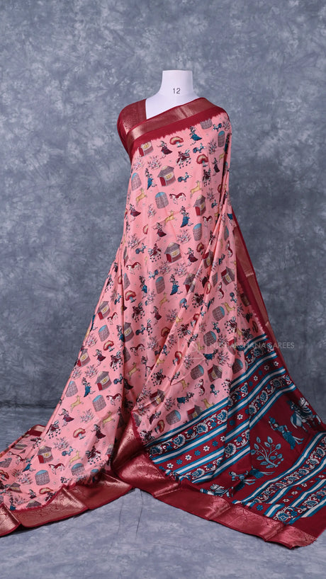 Light Weight Semi Dola Silk Saree with Elegant Digital Print and Rich Zari Border