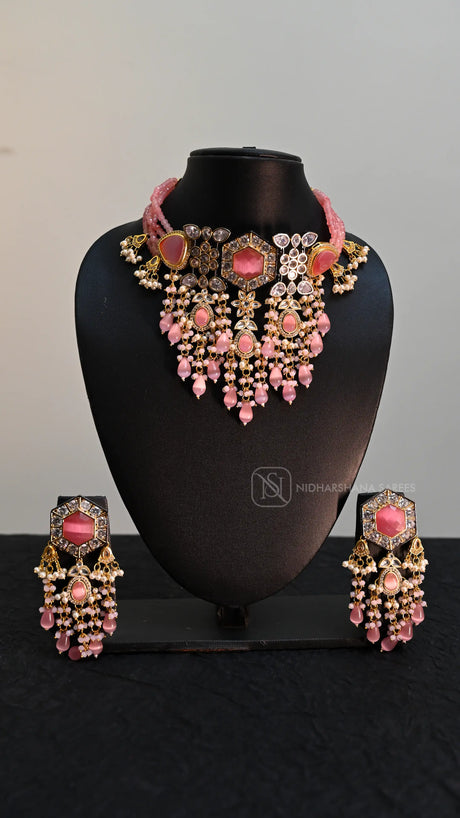 Necklace Set with Kundan-Inspired Work And Pink Beaded Drops
