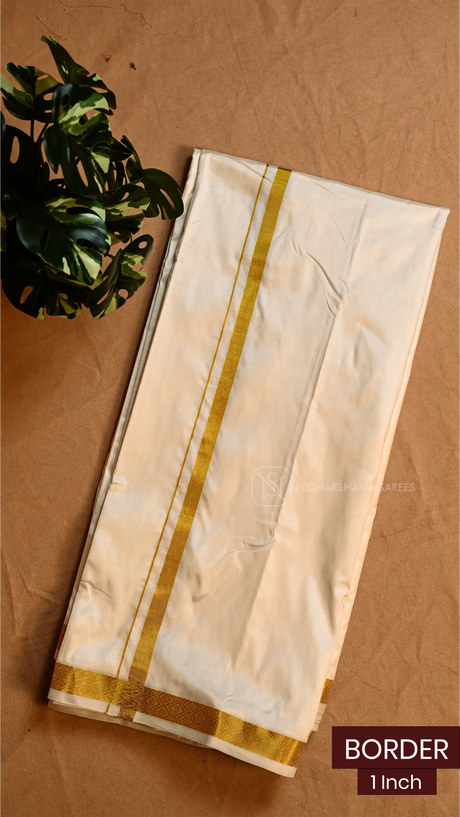 Pure Silk Half-White  Dhoti With 1 Inch Gold Zari Geometric Pattern Border (Including Shalya)