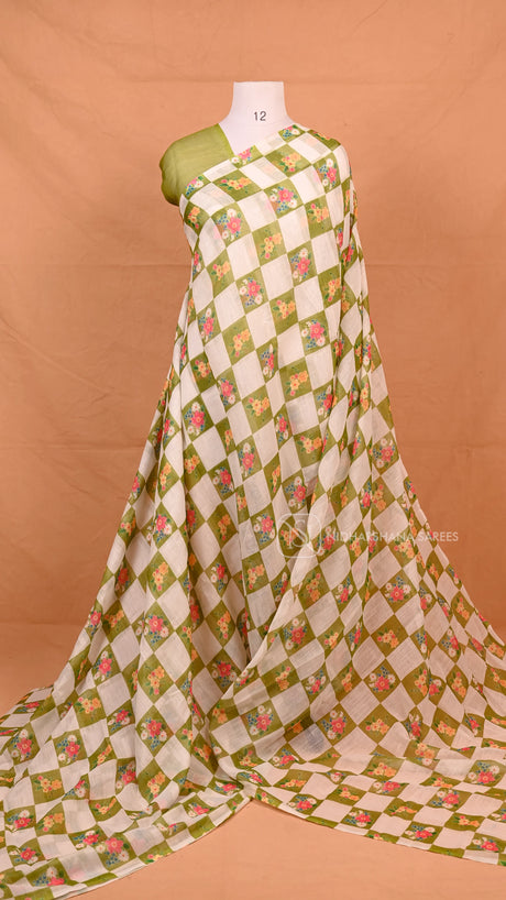 Green- Linen Cotton Saree With Checks Pattern And Floral Digital Print