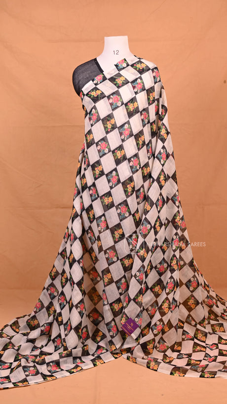 Black- Linen Cotton Saree With Checks Pattern And Floral Digital Print