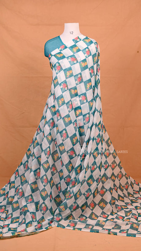 Saffaire- Linen Cotton Saree With Checks Pattern And Floral Digital Print