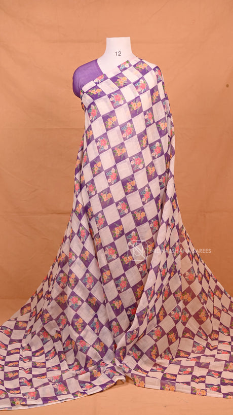 Lavender Linen Cotton Saree With Checks Pattern And Floral Digital Print