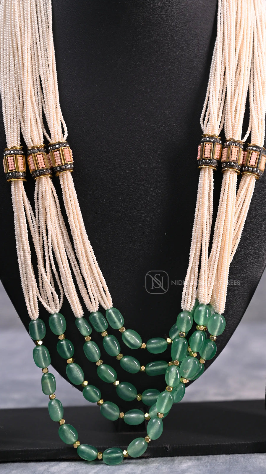 Traditional Multi-Strand Pearl and Emerald Beaded Jewelry Set