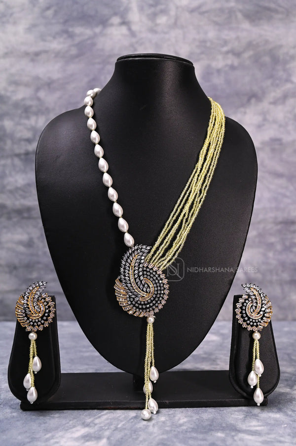 Elegant  Beaded Necklace And Earrings Set with Pearl and Crystal Stone Pendant