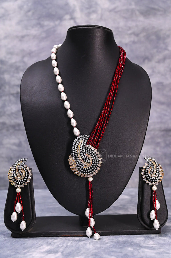 Elegant  Beaded Necklace And Earrings Set with Pearl and Crystal Stone Pendant