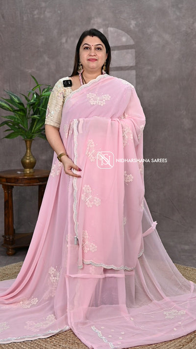 Premium Georgette With Floral Embroidery And Stone Cut Work Border
