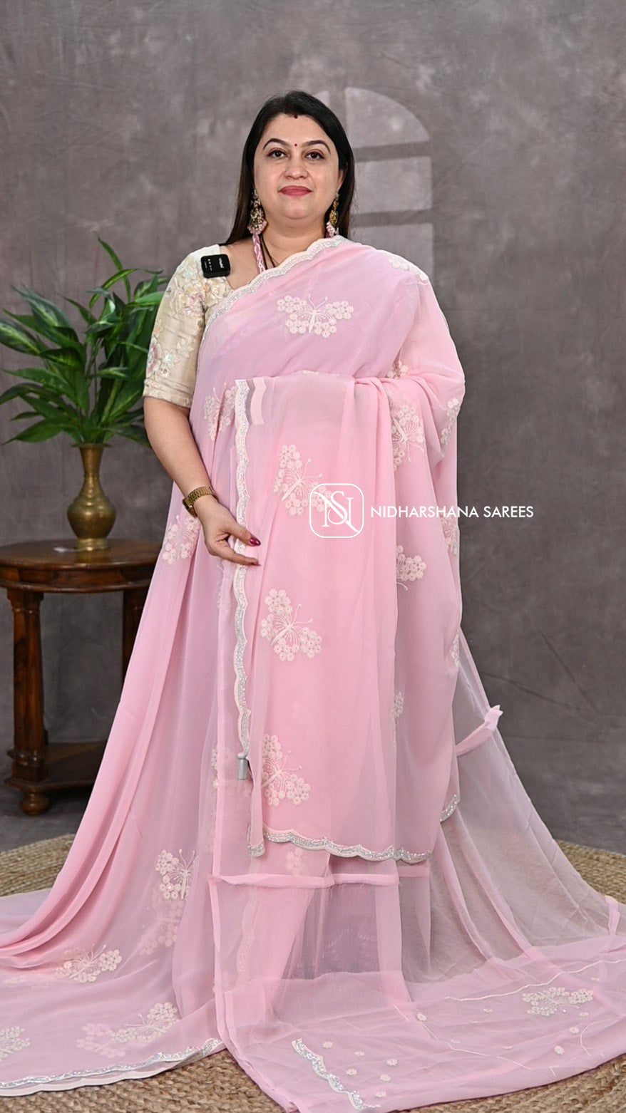 Premium Georgette With Floral Embroidery And Stone Cut Work Border