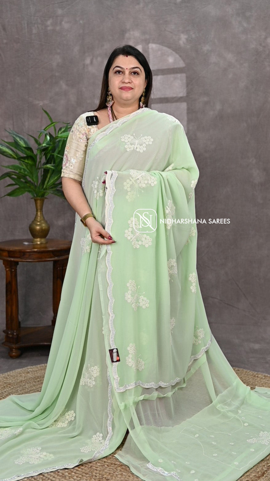 Premium Georgette With Floral Embroidery And Stone Cut Work Border