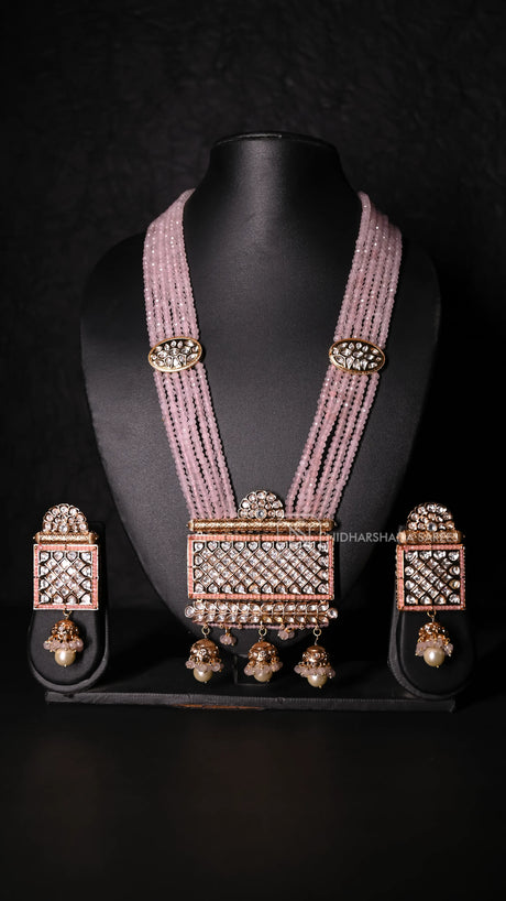 Pink Beads Kundan Necklace Set With Pearl Drops And Matching Earings
