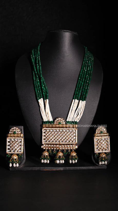 Green And White Beads Kundan Necklace Set With Pearl Drops And Matching Earings