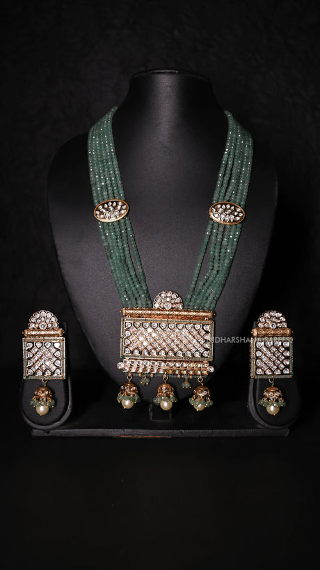 Sea Green Beads Kundan Necklace Set With Pearl Drops And Matching Earings