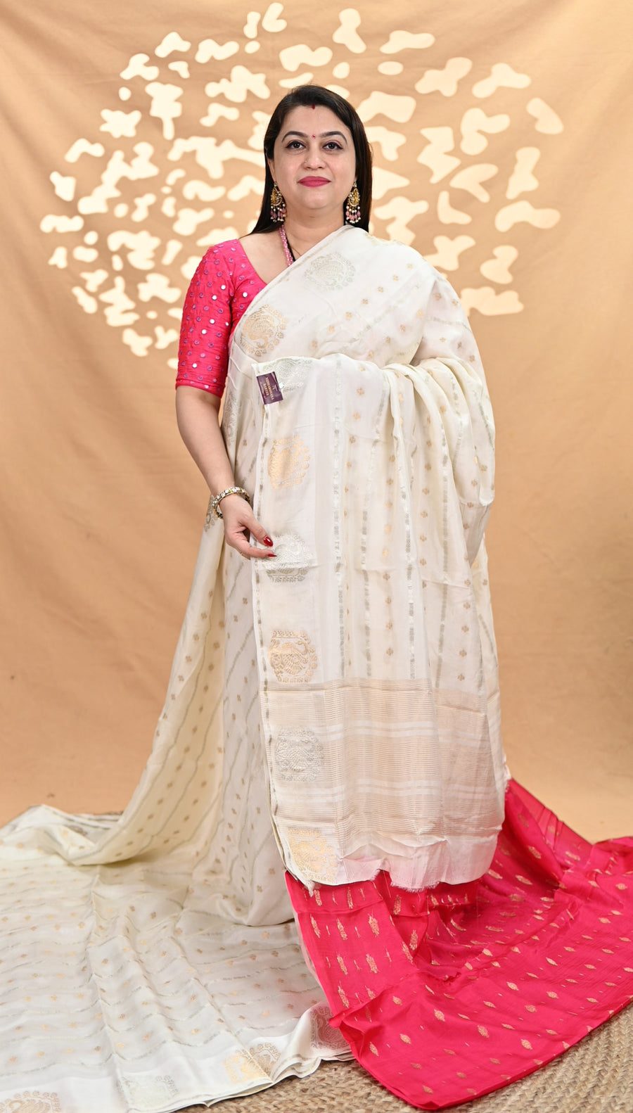 Premium Viscose Silk With Sliver Lines And Gold Zari Butta Concept