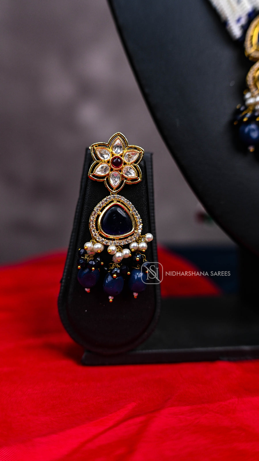 Pearl Necklace with Blue Stone Pendant