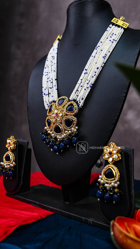 Pearl Necklace with Blue Stone Pendant