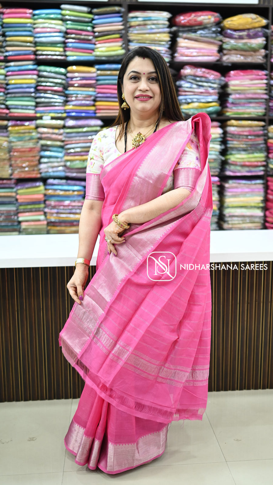 Pure Mangalagiri With Silver Zari Weaving Border