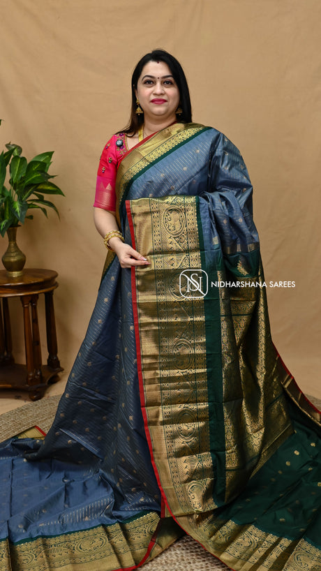 Semi Gadwal With Zari Lines, Zari Butta And Contrast Zari Border